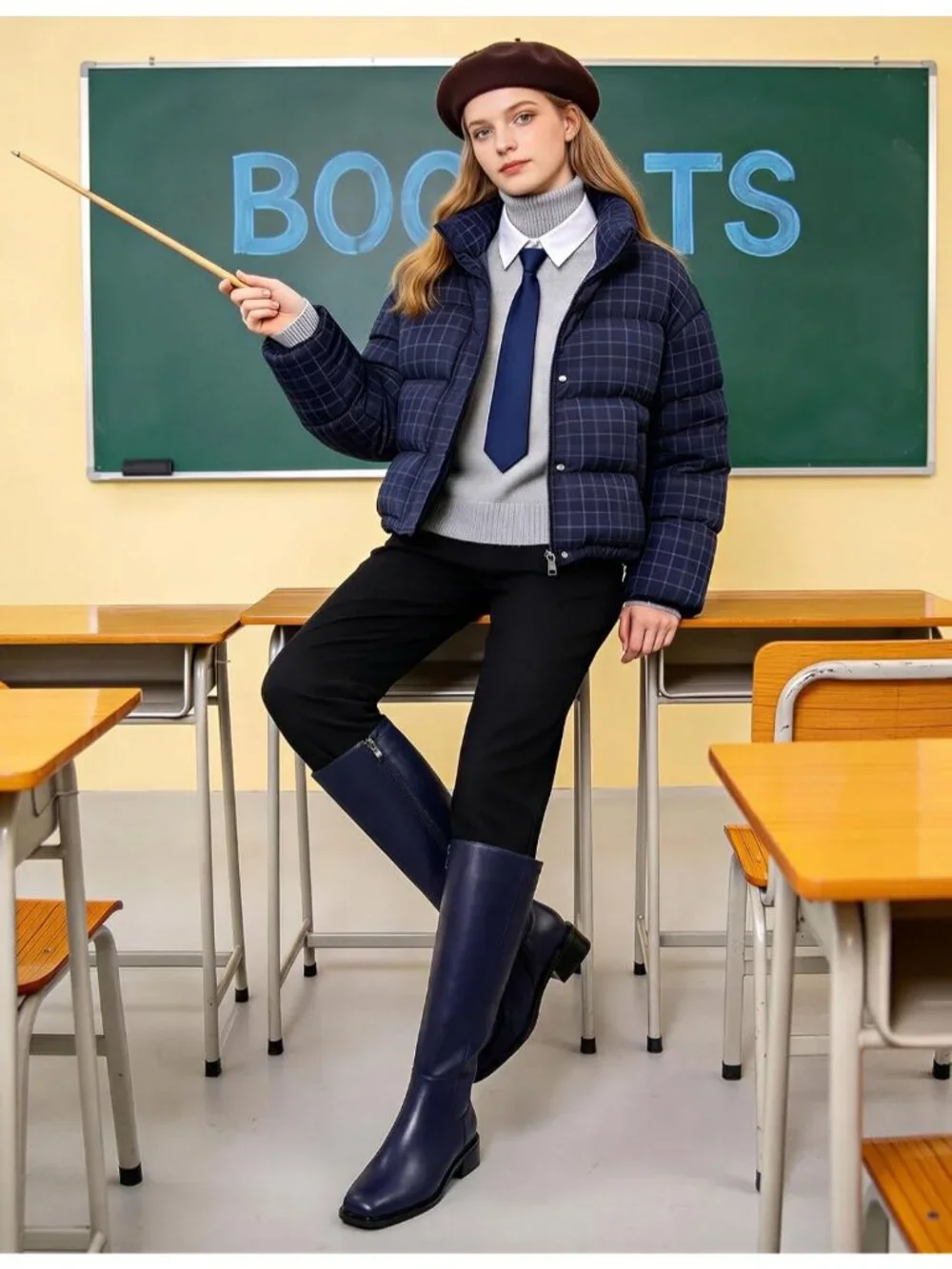 Women's Navy Faux Leather Square Toe Knee High Stretch With Side Zipper Boots